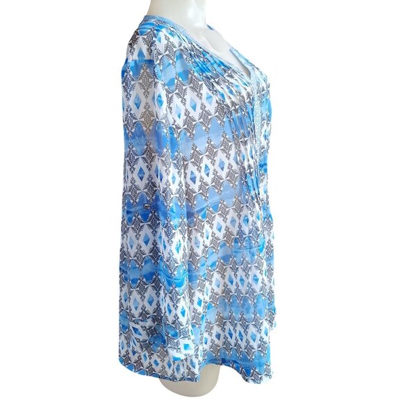 Valerie Stevens XL Womens Blouse Blue & White Geometric Tunic With Sequin Detail - Picture 4 of 6